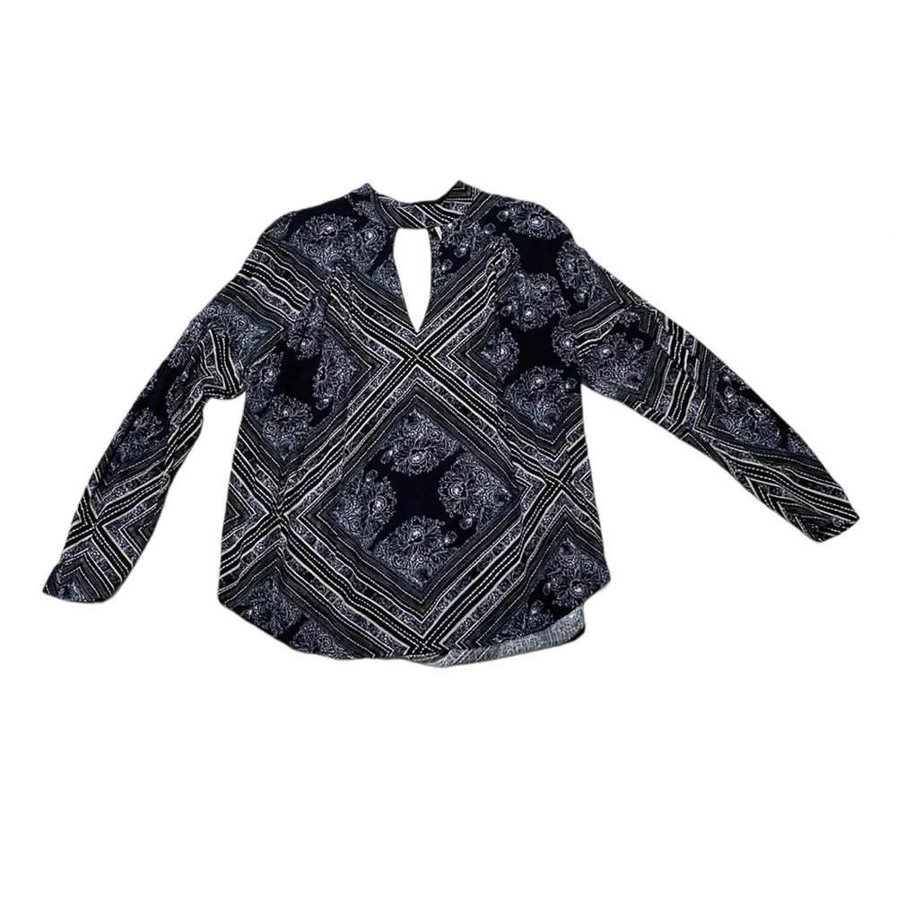 Free People Tunic Womens Small S Black Blouse Keyhole Long Sleeve Geometric